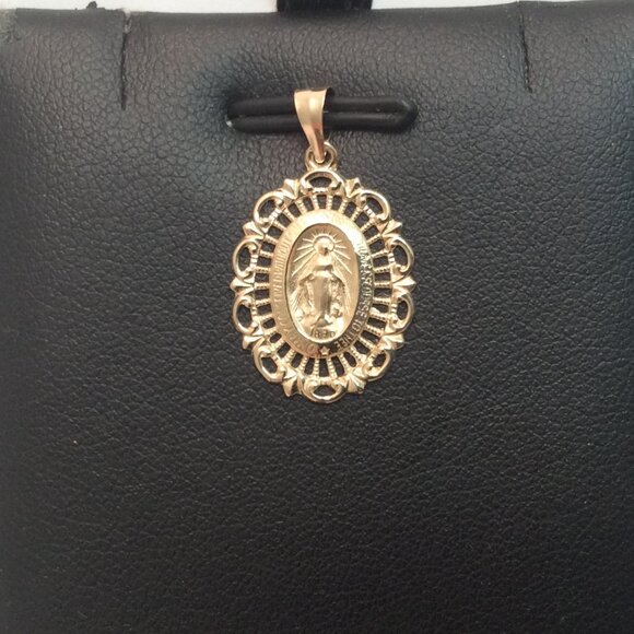 14K YELLOW REAL SOLID GOLD OVAL VIRGIN MARY MIRACULOUS MEDAL charm pendant 1.5gr - Picture 1 of 8